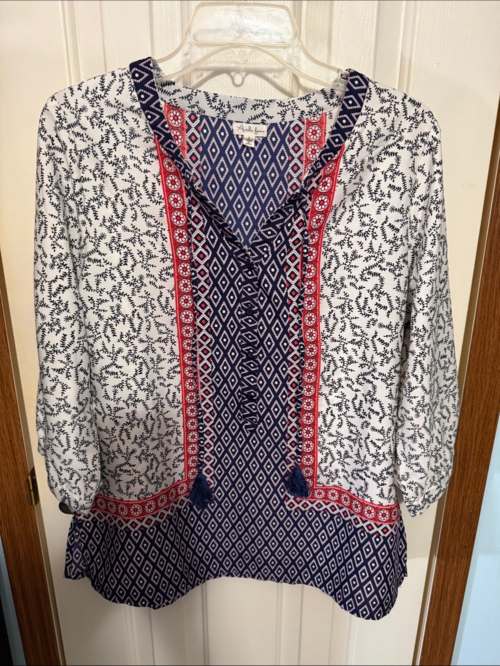 Boho Print Navy and White Peasant Tunic with Red Trim size Large
